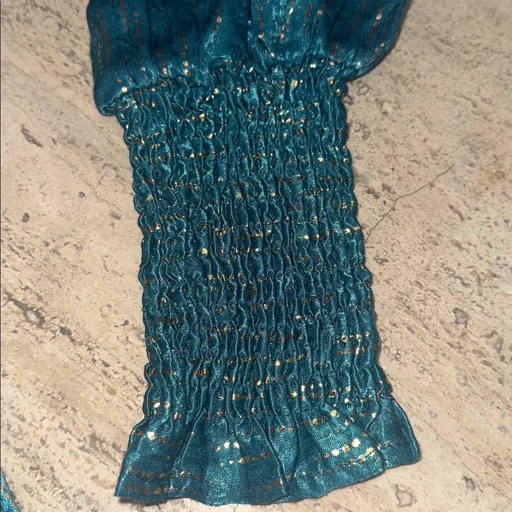 VICI Shine On Metallic Turquoise Baby Doll Smocked Top Tiered Mini Dress Size S - Picture 6 of 14